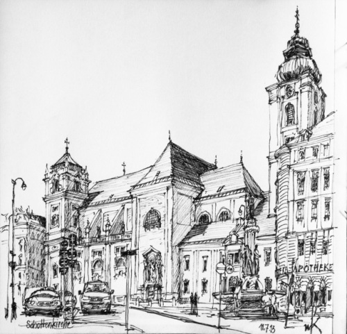 Wolfgang Krisai: Schottenkirche, Wien, von der Freyung aus gesehen. Tuschestift. 2013.