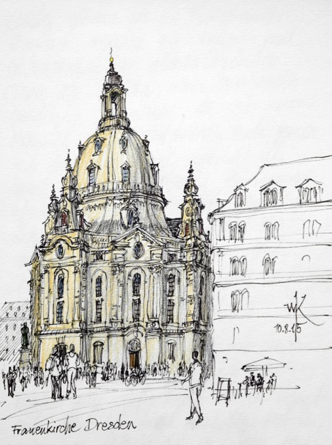Wolfgang Krisai: Die Frauenkirche in Dresden. Tuschestift, Buntstift, 2015.