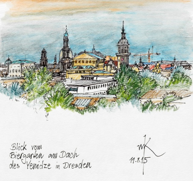 Wolfgang Krisai: Blick vom Biergarten am Dach des Yenidze in Dresden, Tuchestift, Buntstift; 2015.