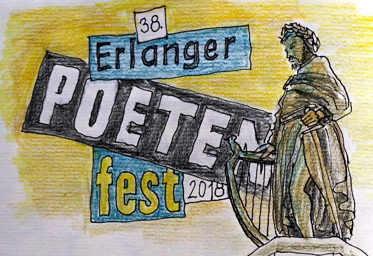 Wolfgang Krisai: Logo des Erlanger Poetenfests 2018 mit Wolfram-Denkmal aus Wolframseschenbach.