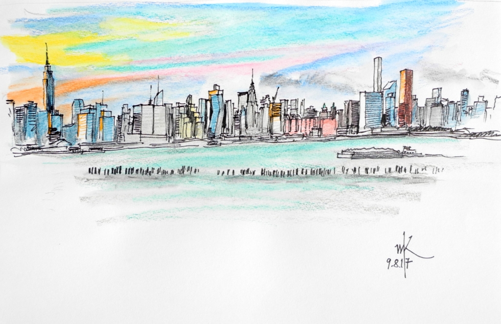 Wolfgang Krisai: Blick über den East River nach Manhattan. Tuschestift, Buntstift, 2017.